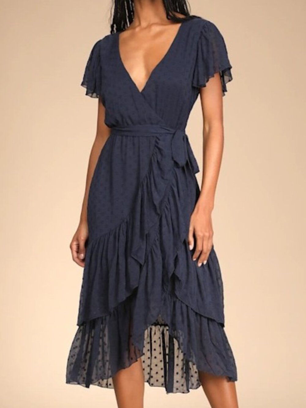 Lulus Have Harmony Navy Blue Swiss Dot Ruffled Faux Wrap Midi Dress Sz XS NWT